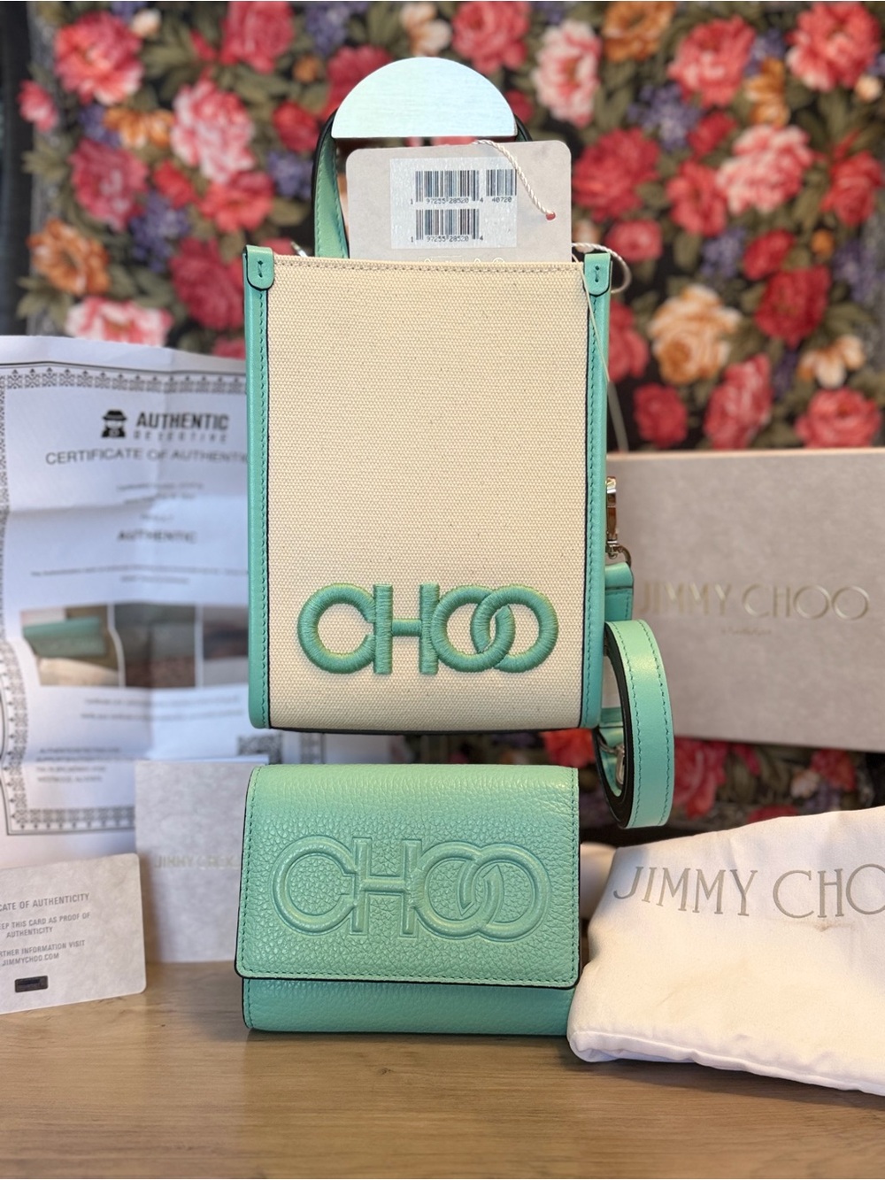 Jimmy Choo Mint Green and Cream Leather Mini Tote with Matching Card Wallet